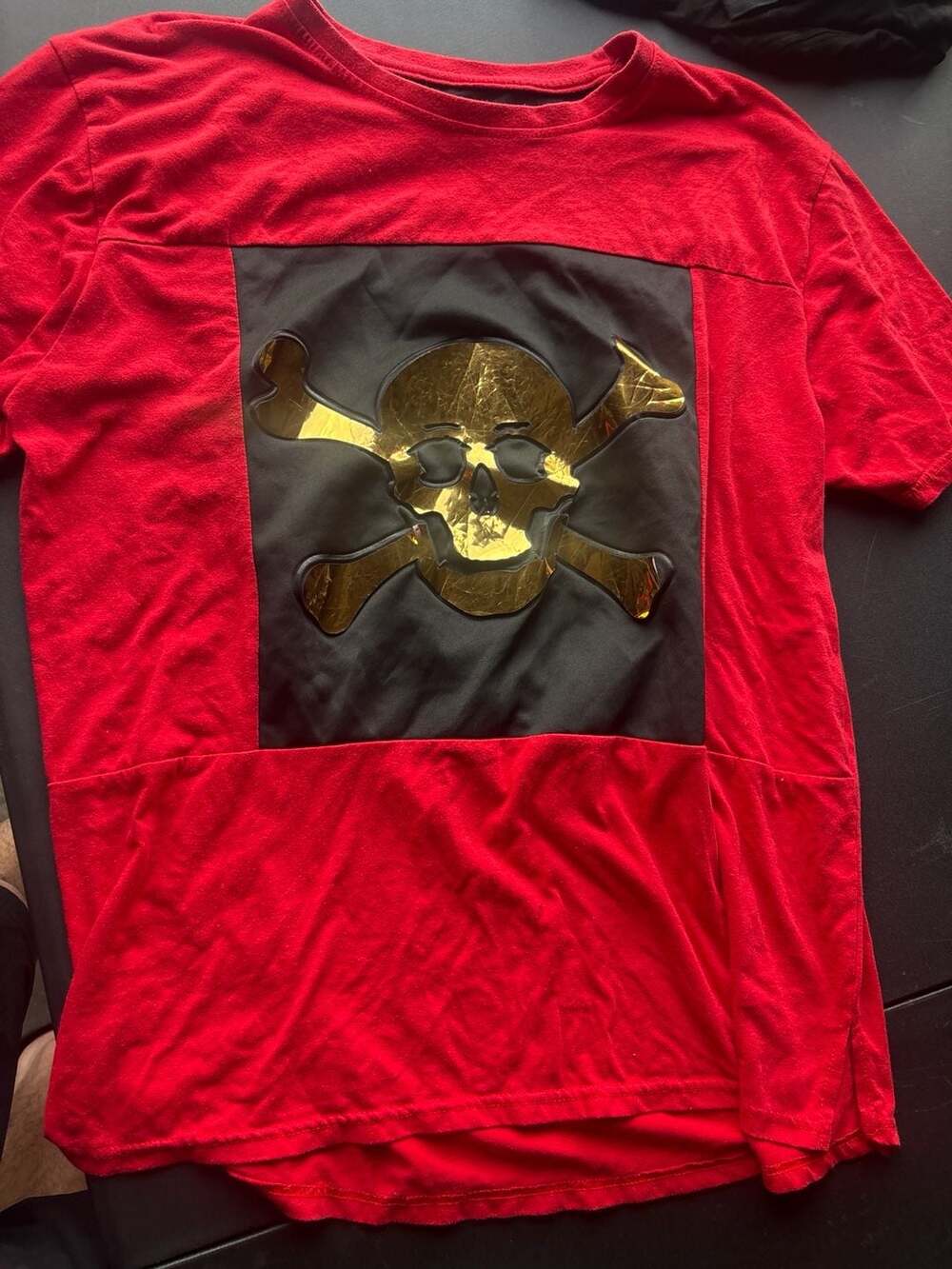 One Point One Red and Black Skull & Crossbones Metallic Gold Graphic T-Shirt